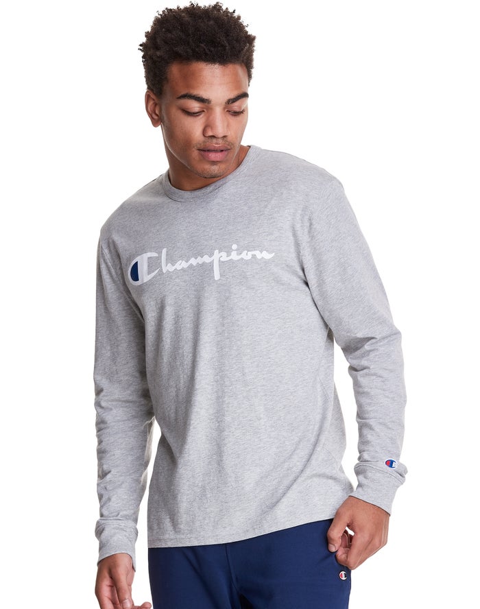 Champion Long-Sleeve Lightweight Script Logo - Miesten Harmaat T-Paita - Suomi 2194780-JB